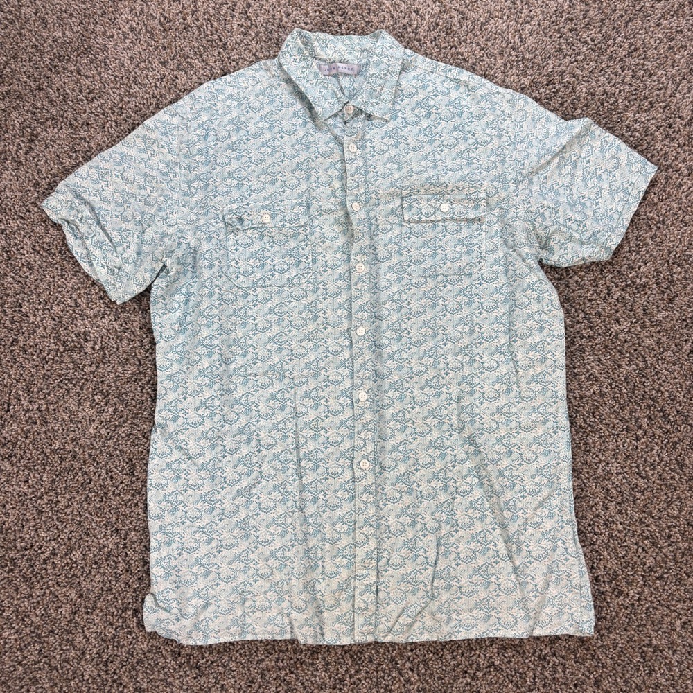 John Henry Mens Medium Linen Cotton Teal Paisley Short Sleeve Button Down Shirt